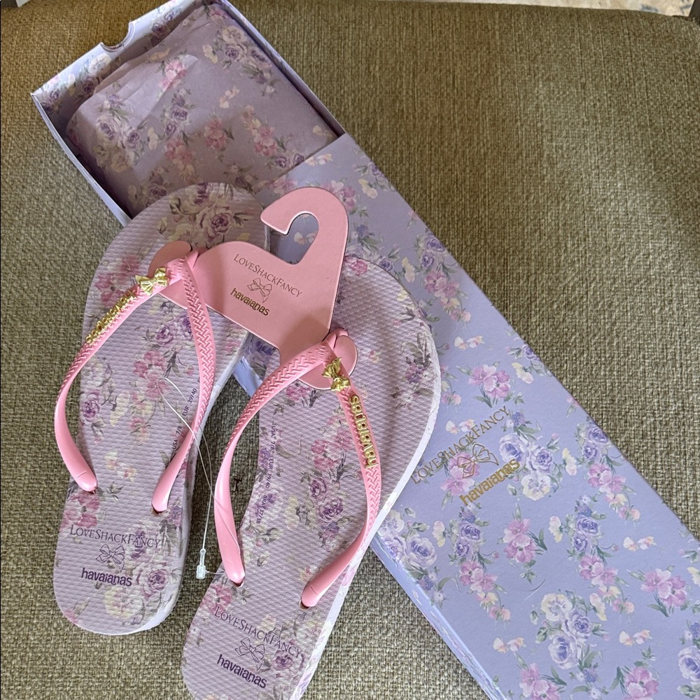 LoveShackFancy Pink Floral Flip Flops